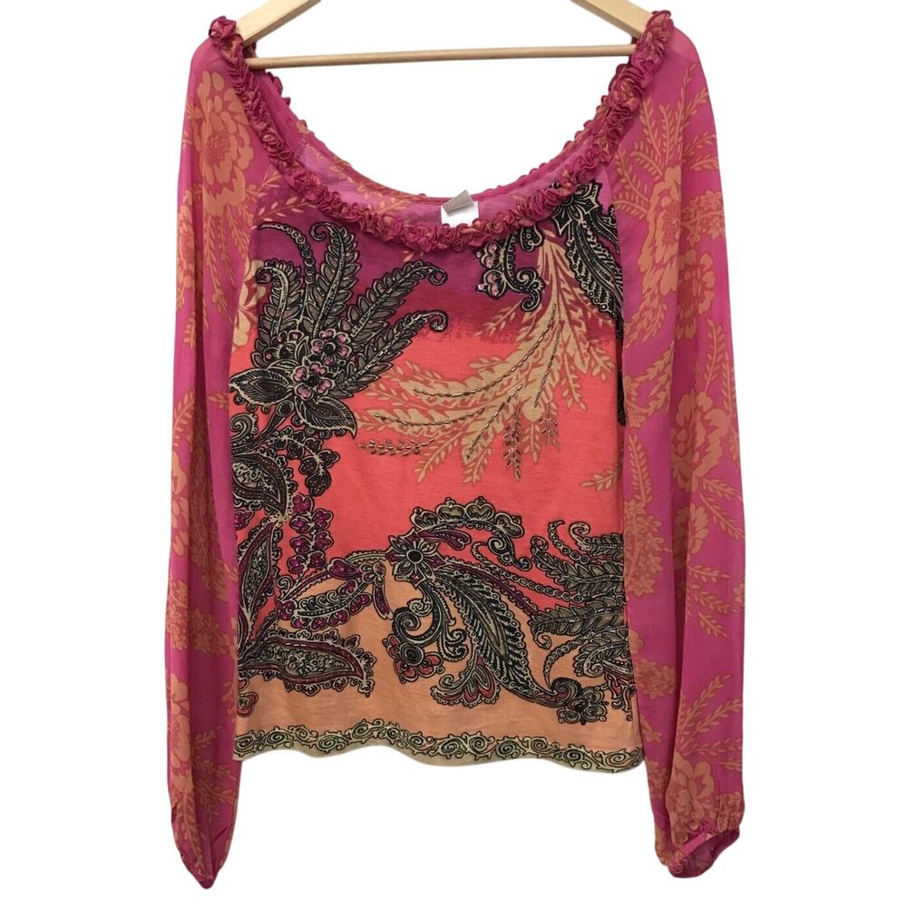 Forbidden Top Womens Small Ruffle Neckline Pink Orange Yellow Black Beige